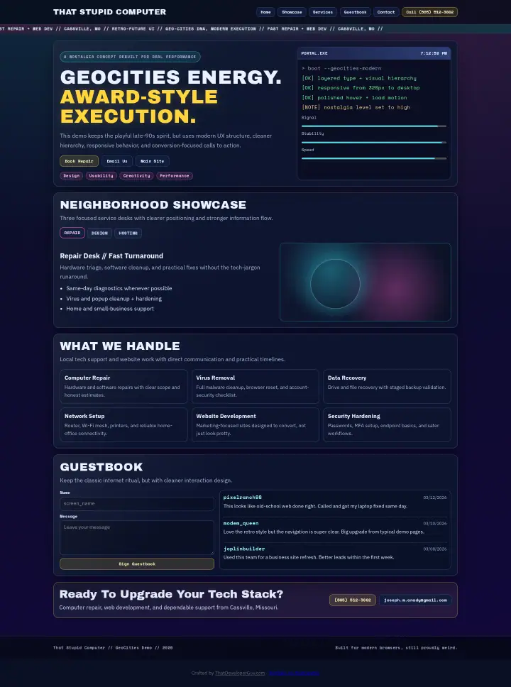 Home page of the GeoCities study website shown as one full page from top to bottom