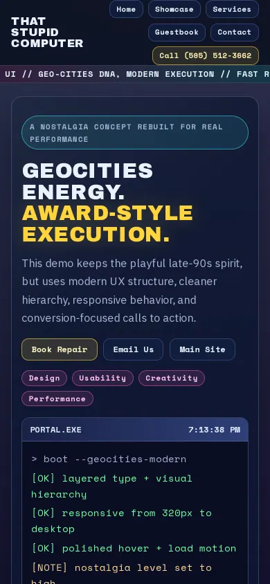 Home page of the GeoCities study website on a phone