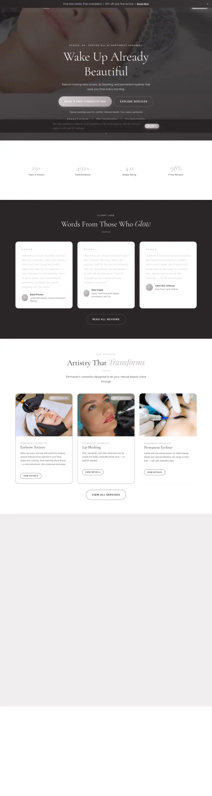 Home page of the Glow Beauty by Jennifer website shown as one full page from top to bottom