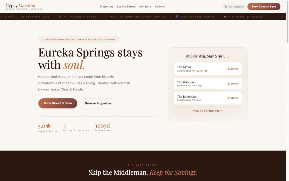 Home page of the Gypsy Vacation Rentals website on a desktop screen