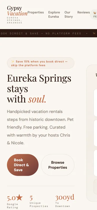 Home page of the Gypsy Vacation Rentals website on a phone