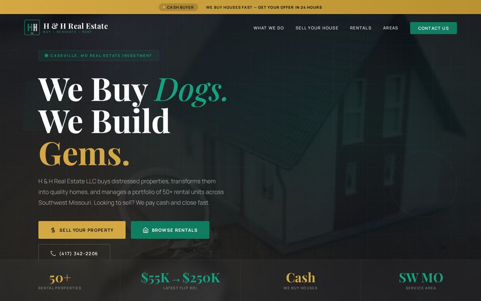 Home page of the H & H Real Estate LLC website on a desktop screen