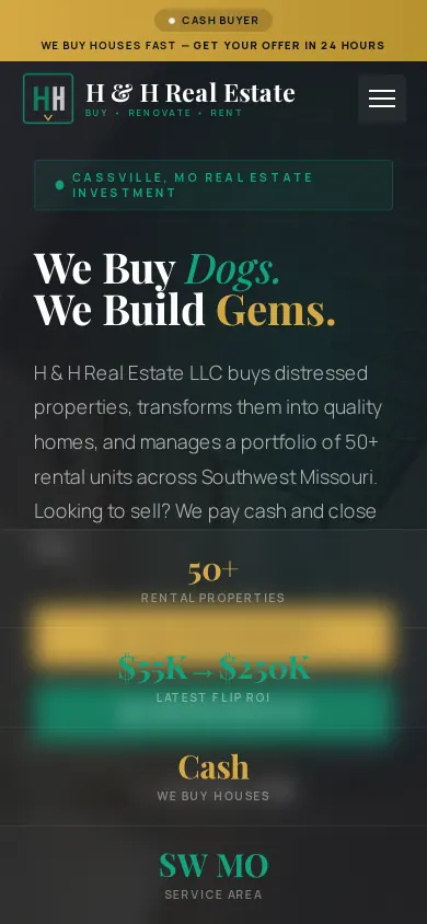 Home page of the H & H Real Estate LLC website on a phone