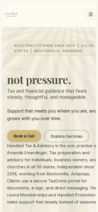 Home page of the Handled Tax & Advisory website on a phone