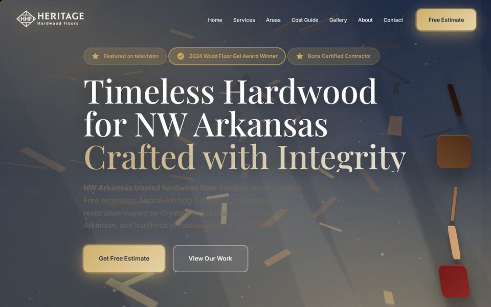 Home page of the Heritage Hardwood Floors website on a desktop screen