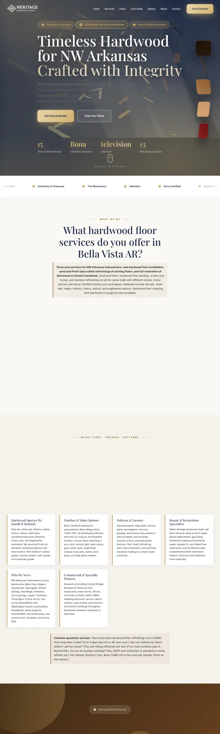 Home page of the Heritage Hardwood Floors website shown as one full page from top to bottom