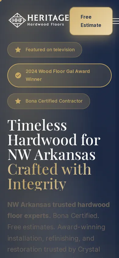 Home page of the Heritage Hardwood Floors website on a phone