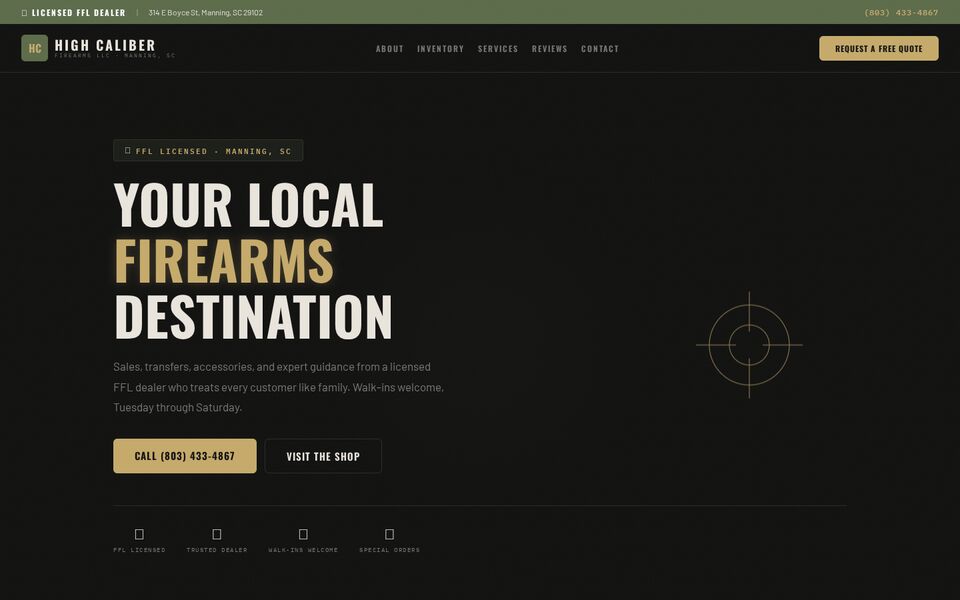 Home page of the High Caliber website on a desktop screen