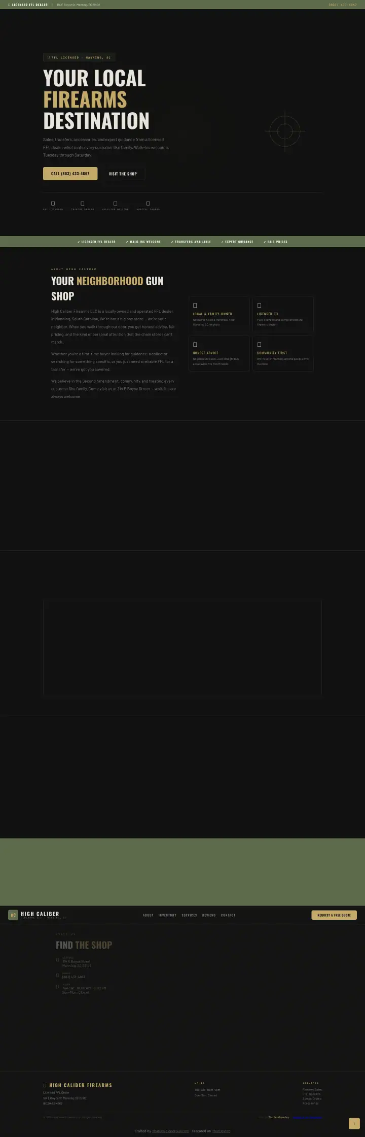 Home page of the High Caliber website shown as one full page from top to bottom