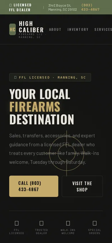 Home page of the High Caliber website on a phone