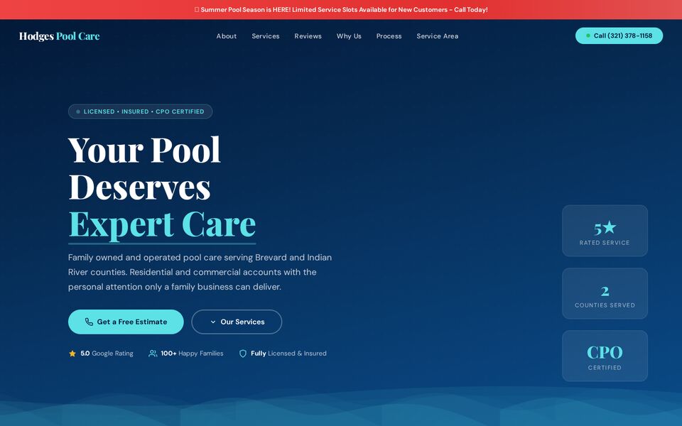 Home page of the Hodges Pool Care LLC website on a desktop screen