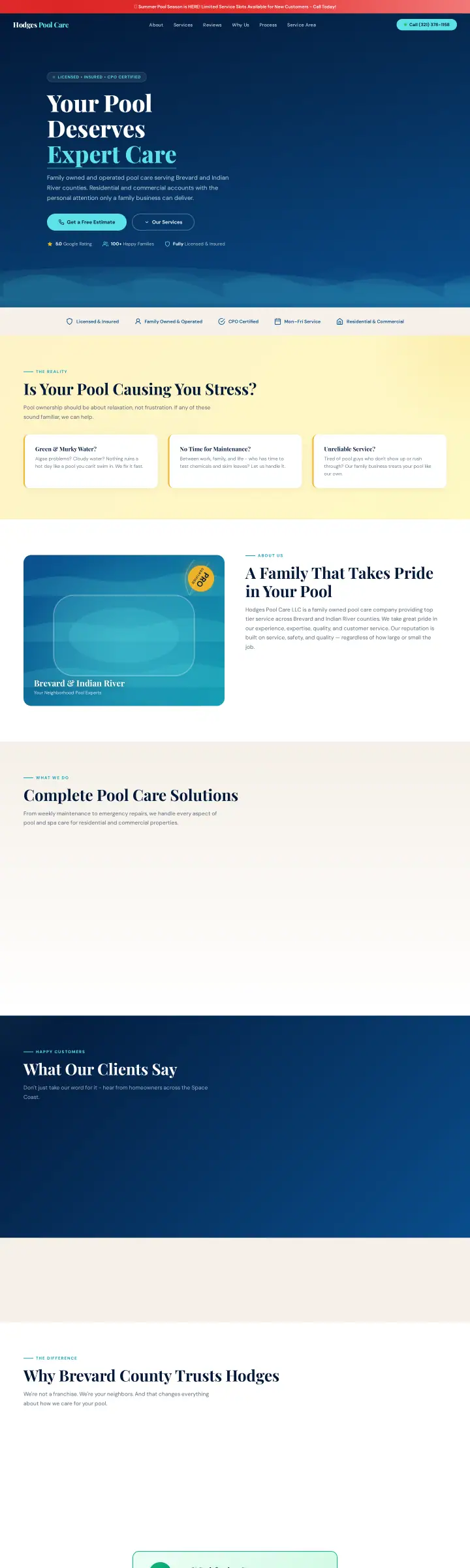 Home page of the Hodges Pool Care LLC website shown as one full page from top to bottom