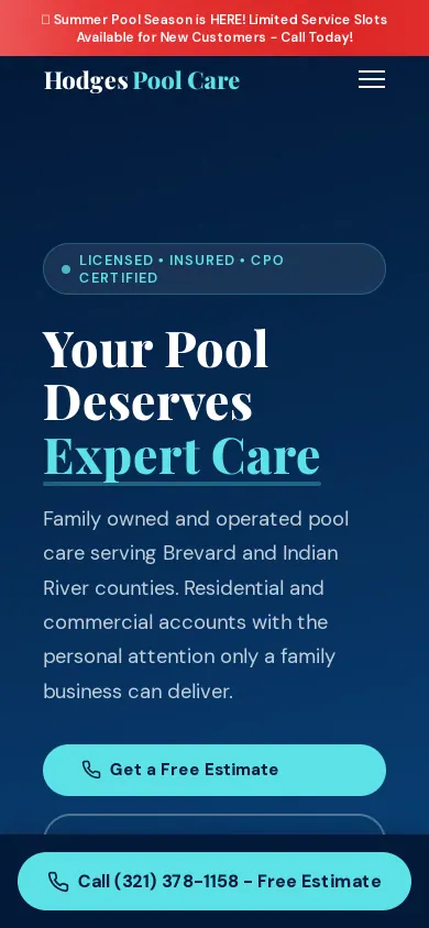 Home page of the Hodges Pool Care LLC website on a phone