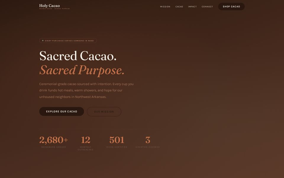 Home page of the Holy Cacao website on a desktop screen