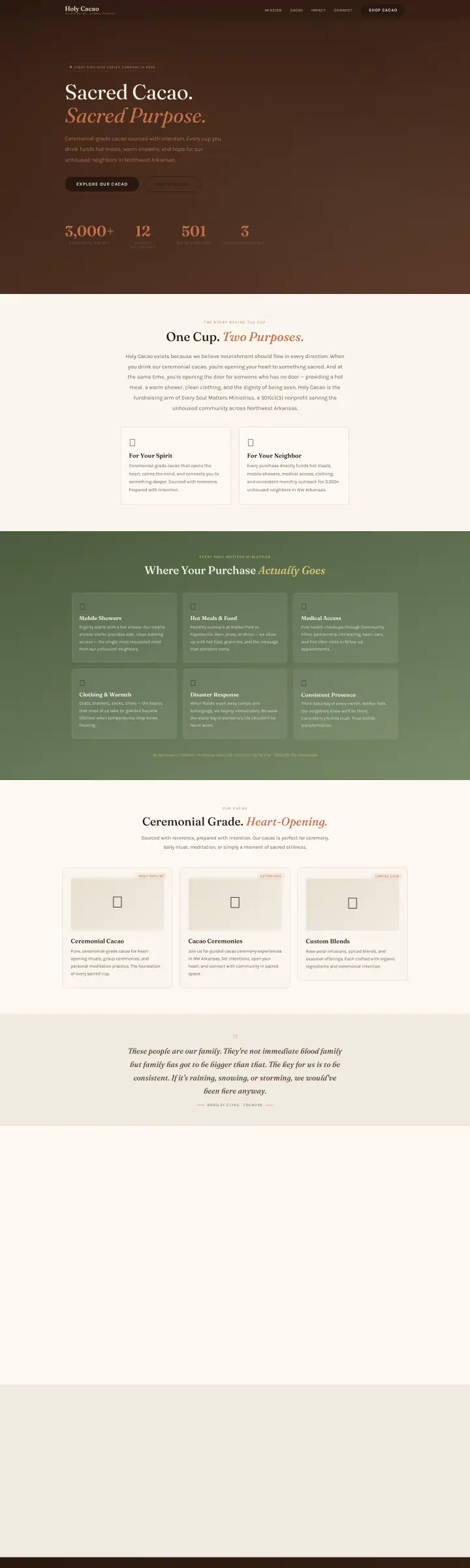 Home page of the Holy Cacao website shown as one full page from top to bottom