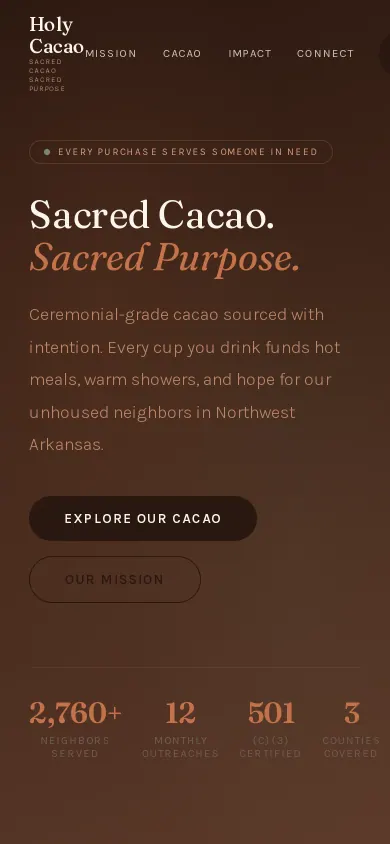 Home page of the Holy Cacao website on a phone