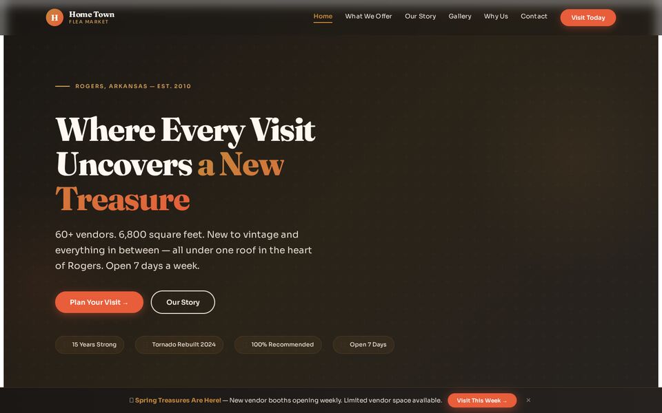 Home page of the Home Town Flea Market website on a desktop screen