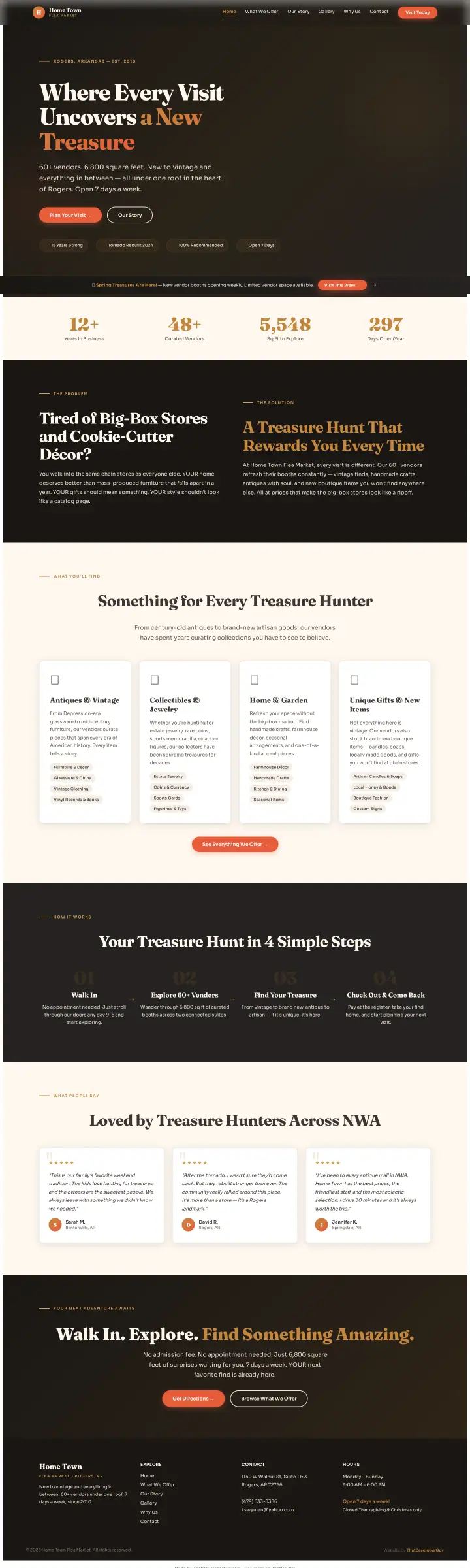Home page of the Home Town Flea Market website shown as one full page from top to bottom