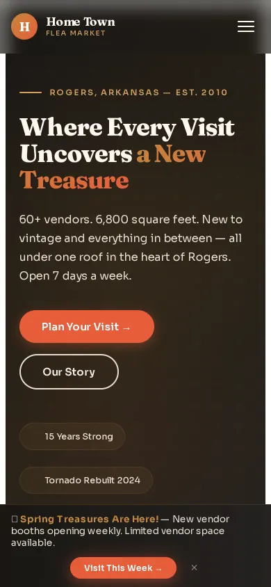Home page of the Home Town Flea Market website on a phone