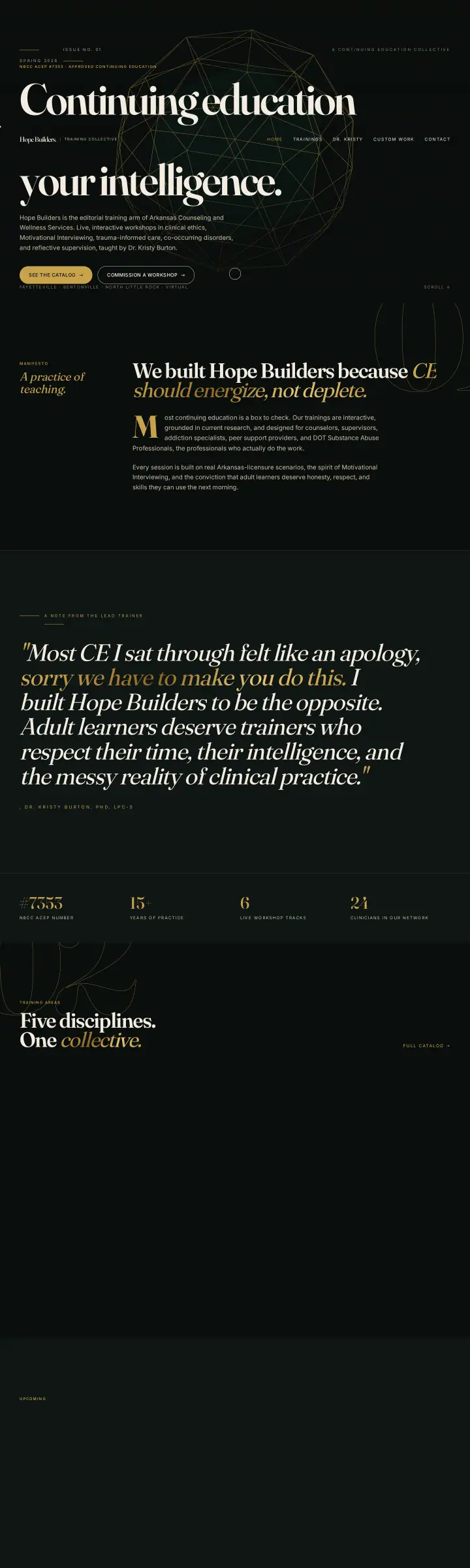 Home page of the Hope Builders Training Collective website shown as one full page from top to bottom