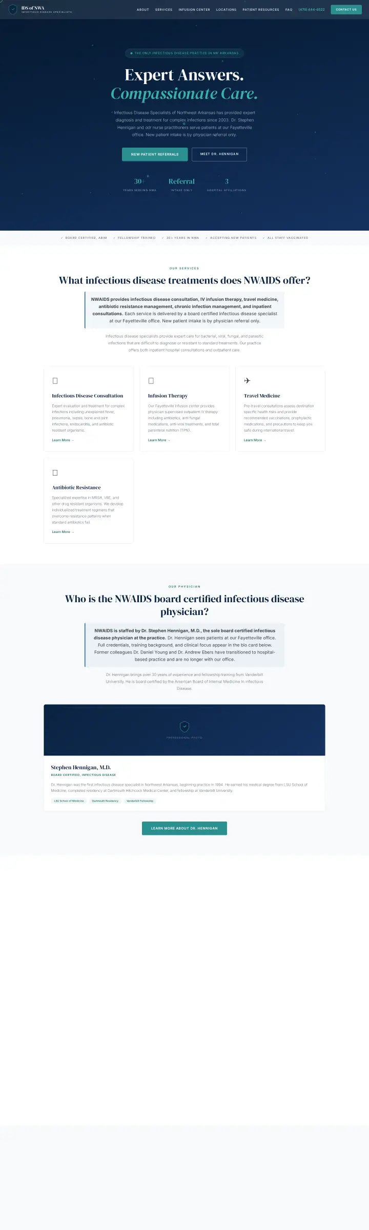 Home page of the Infectious Disease Specialists of NWA website shown as one full page from top to bottom