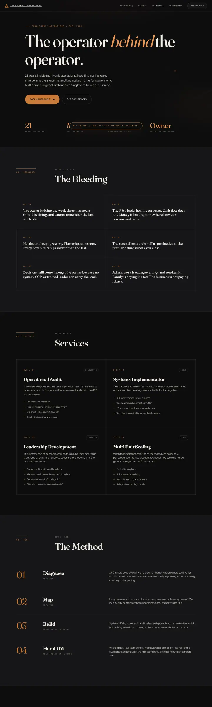Home page of the Iron Summit Operations website shown as one full page from top to bottom