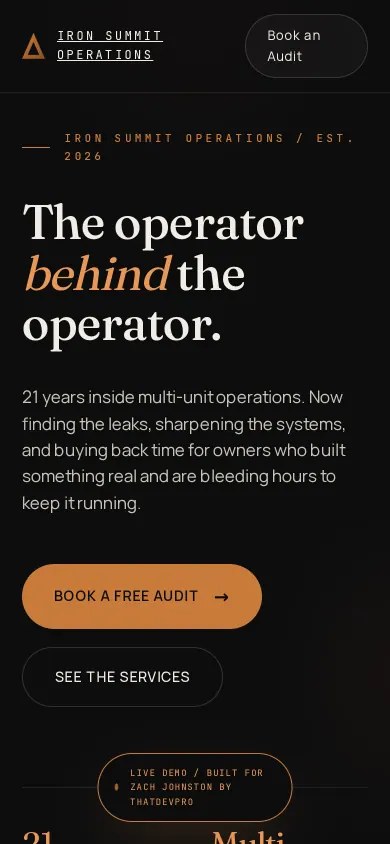 Home page of the Iron Summit Operations website on a phone