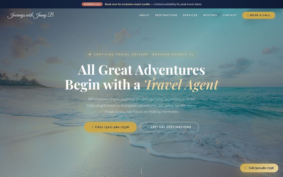 Home page of the Journeys with Jenny B website on a desktop screen