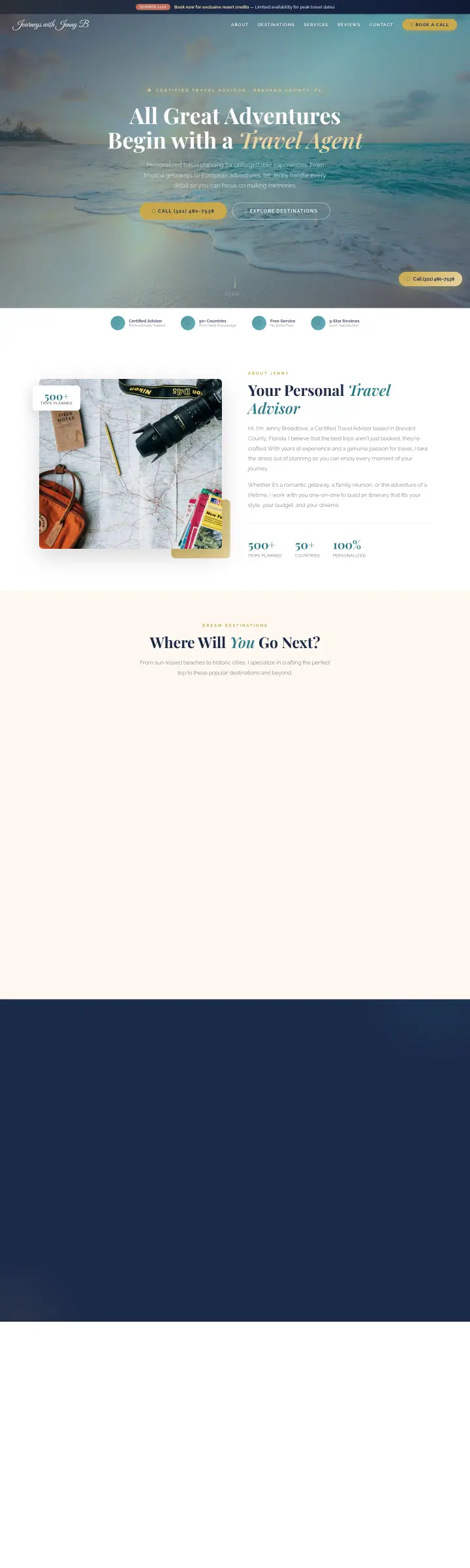 Home page of the Journeys with Jenny B website shown as one full page from top to bottom