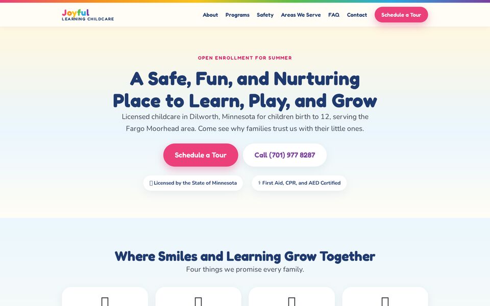 Home page of the Joyful Learning Childcare website on a desktop screen