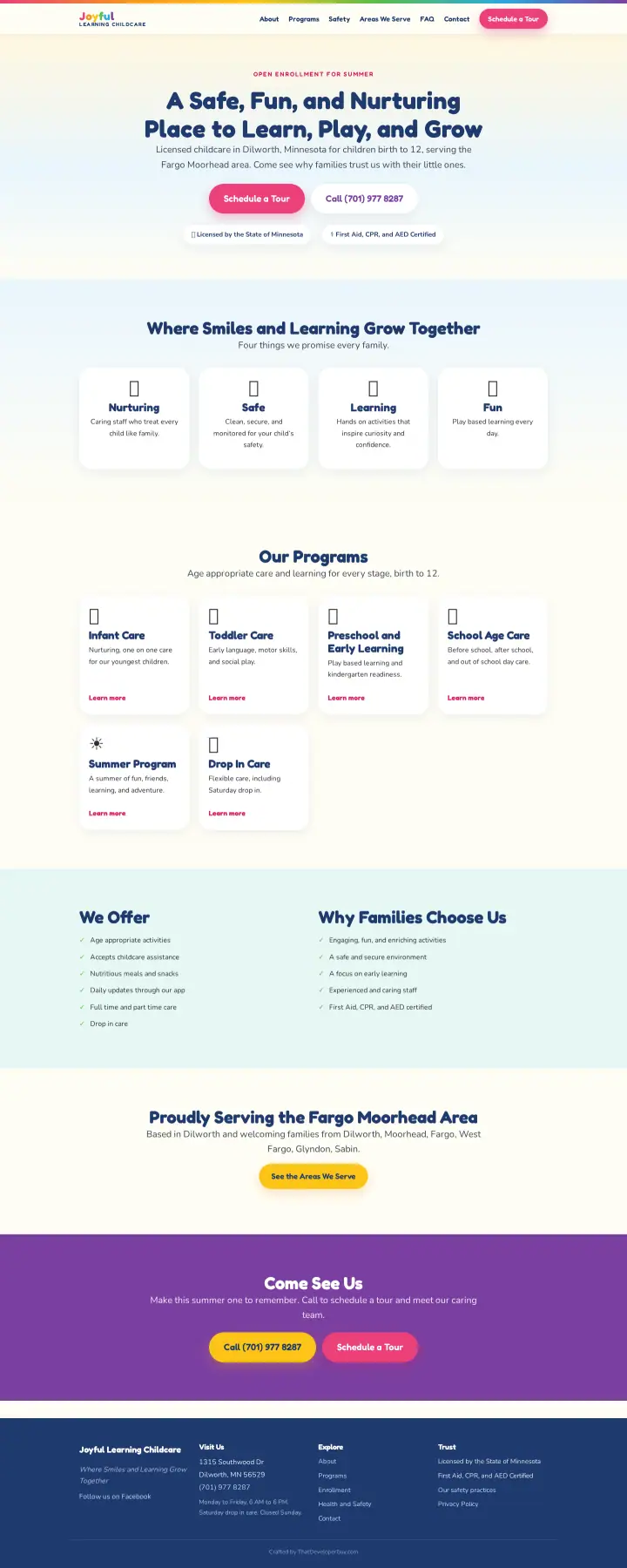 Home page of the Joyful Learning Childcare website shown as one full page from top to bottom