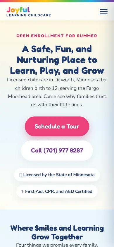 Home page of the Joyful Learning Childcare website on a phone