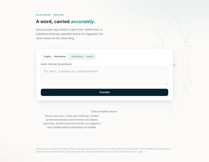 Home page of the Kajin Ṃajeḷ website shown as one full page from top to bottom
