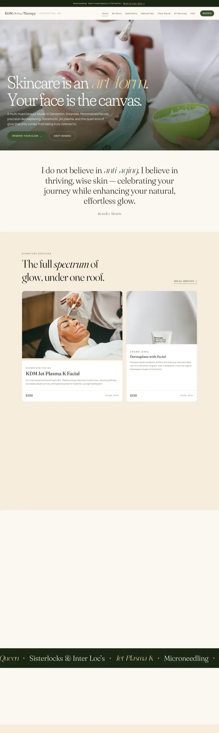 Home page of the KDM Derma Therapy website shown as one full page from top to bottom
