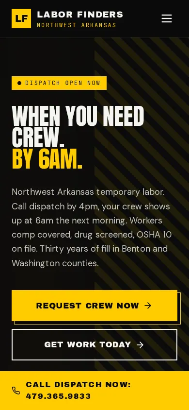 Home page of the Labor Finders Northwest Arkansas website on a phone