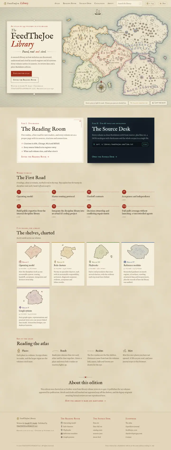 Home page of the FeedTheJoe Library website shown as one full page from top to bottom