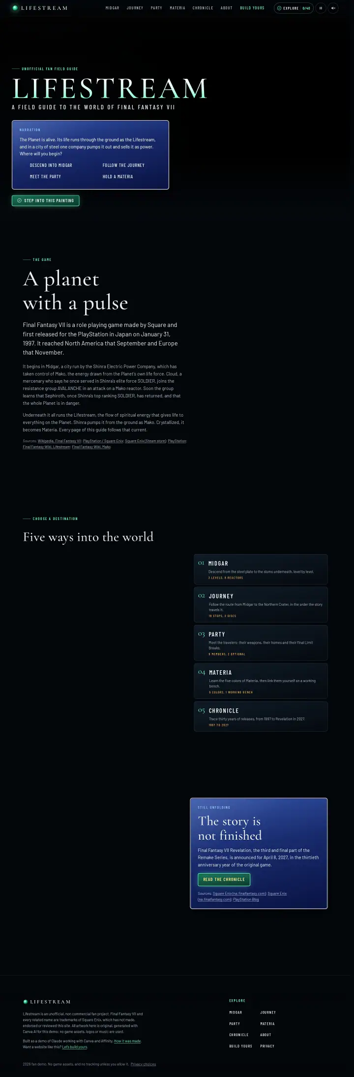 Home page of the Lifestream website shown as one full page from top to bottom