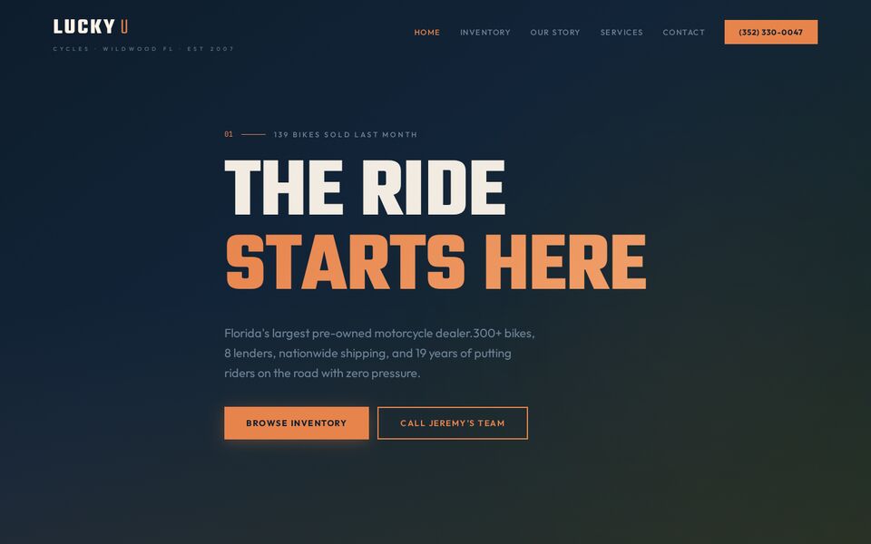 Home page of the Lucky U Cycles website on a desktop screen