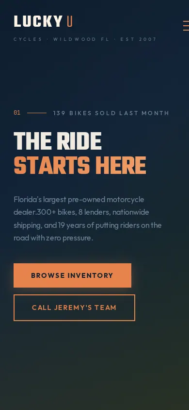 Home page of the Lucky U Cycles website on a phone
