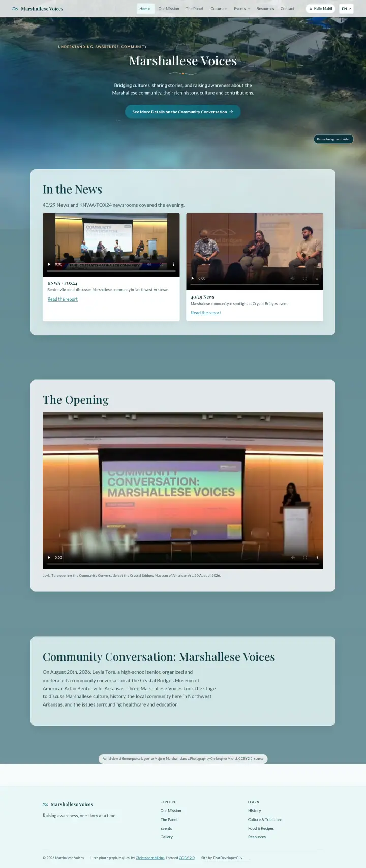 Home page of the Marshallese Voices website shown as one full page from top to bottom