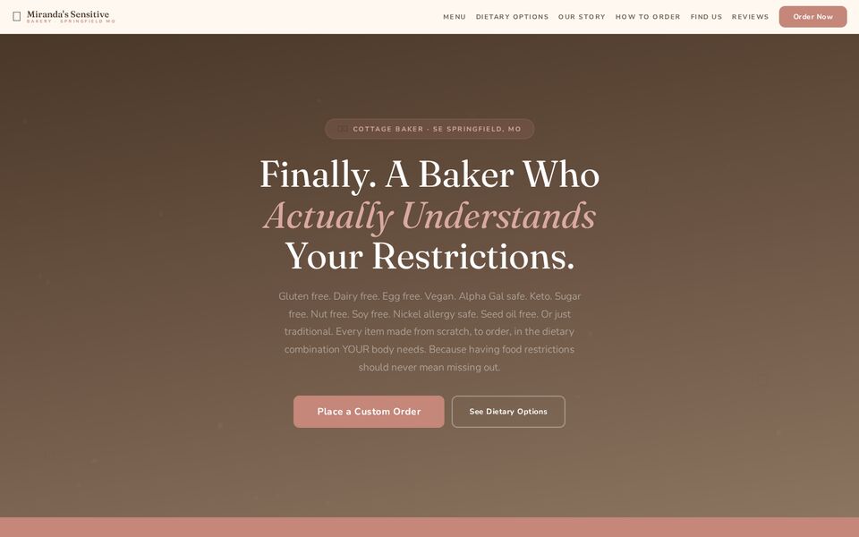 Home page of the Miranda's Sensitive Bakery website on a desktop screen