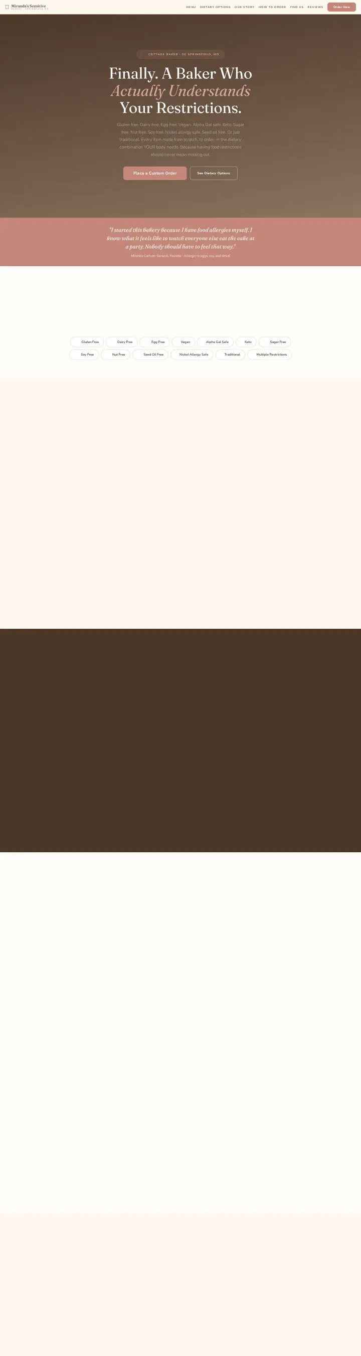 Home page of the Miranda's Sensitive Bakery website shown as one full page from top to bottom