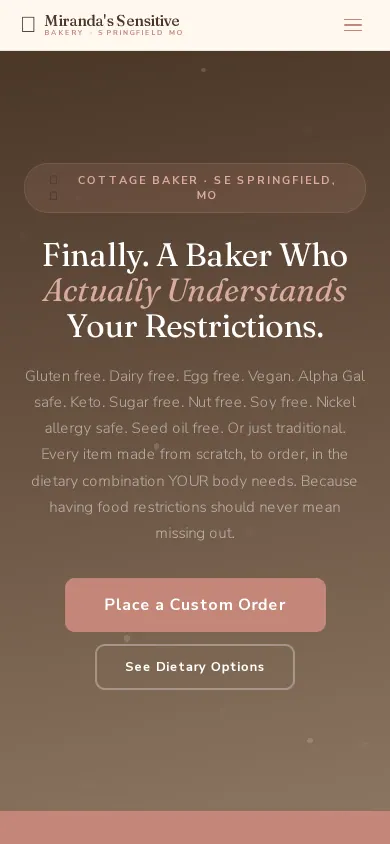 Home page of the Miranda's Sensitive Bakery website on a phone