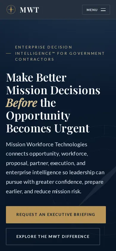 Home page of the Mission Workforce Technologies website on a phone