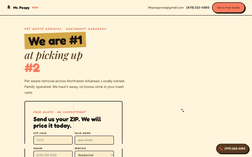 Home page of the Mr. Poopy NWA website on a desktop screen