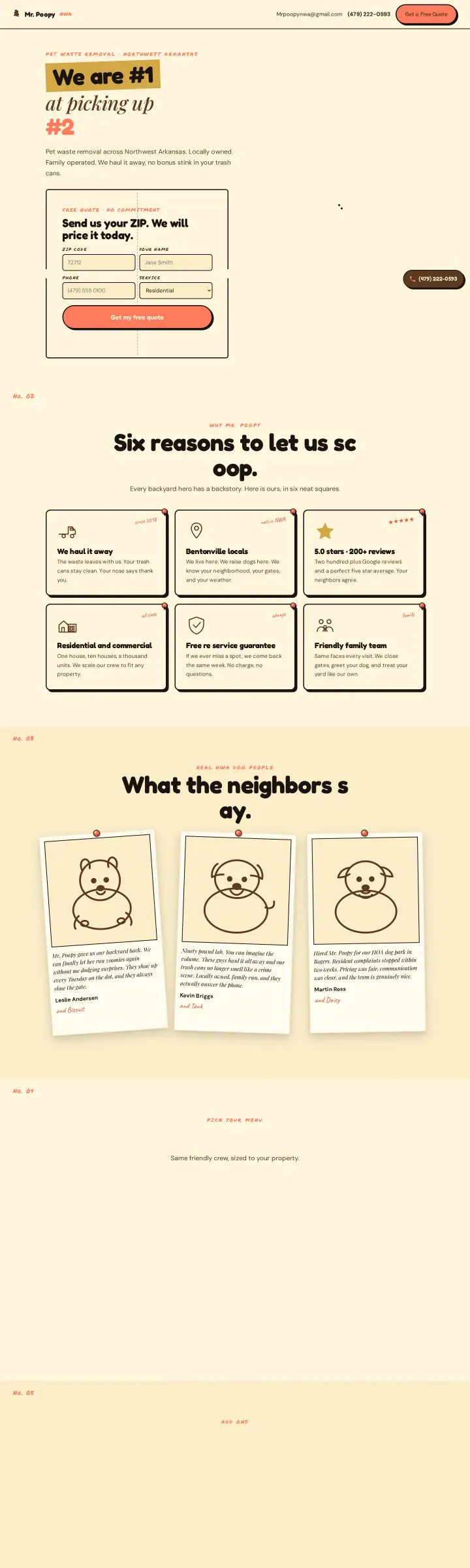 Home page of the Mr. Poopy NWA website shown as one full page from top to bottom
