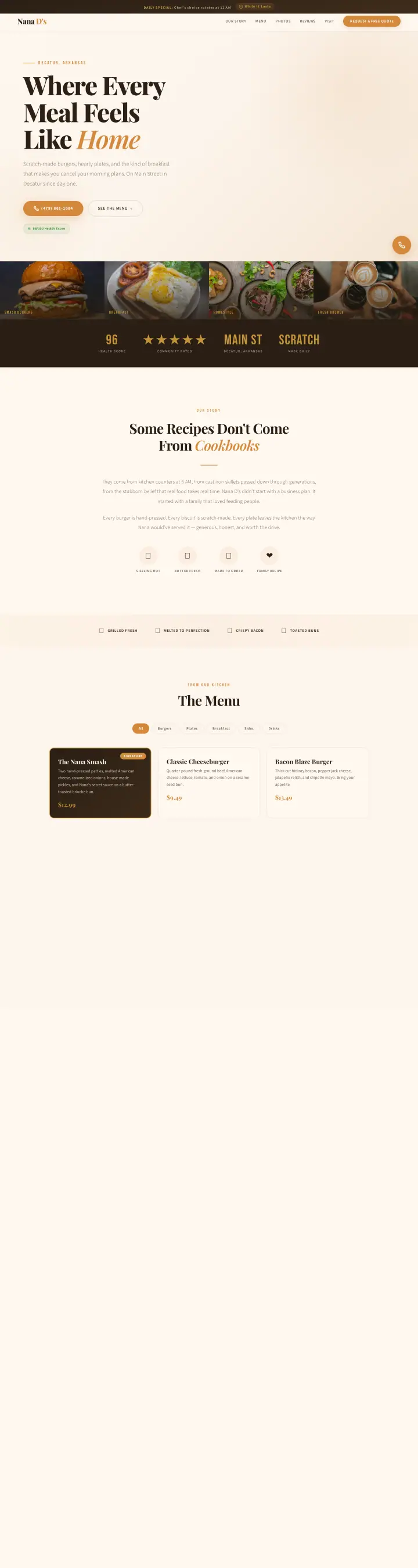 Home page of the Nana D's website shown as one full page from top to bottom