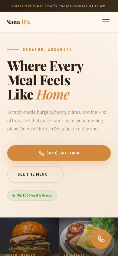 Home page of the Nana D's website on a phone