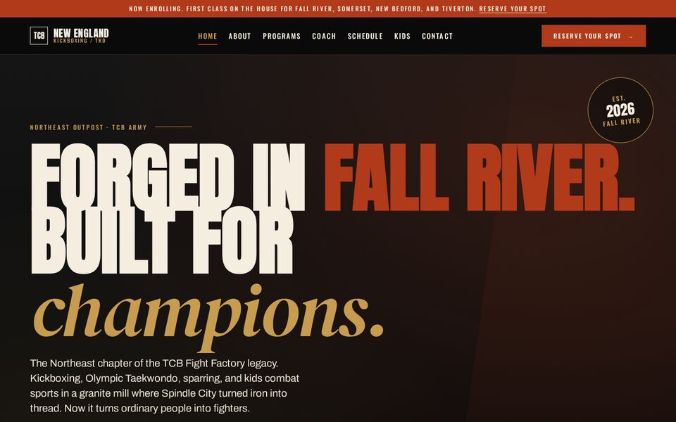Home page of the TCB New England Kickboxing & TKD website on a desktop screen