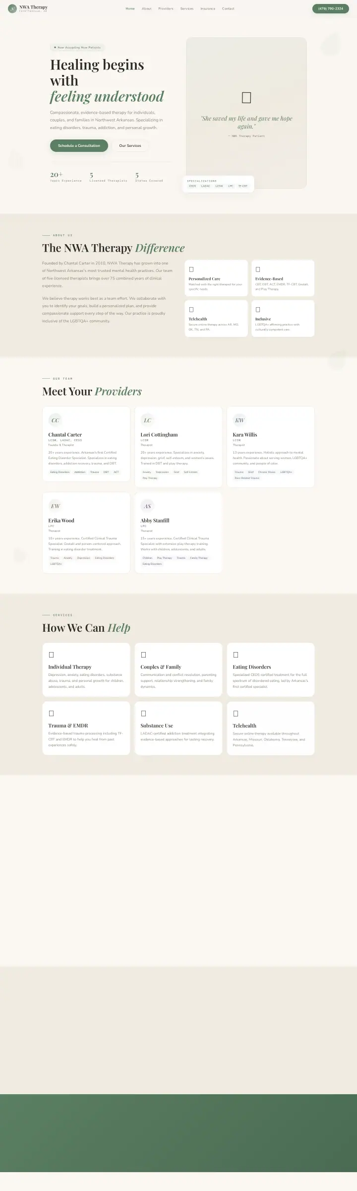 Home page of the NWA Therapy website shown as one full page from top to bottom